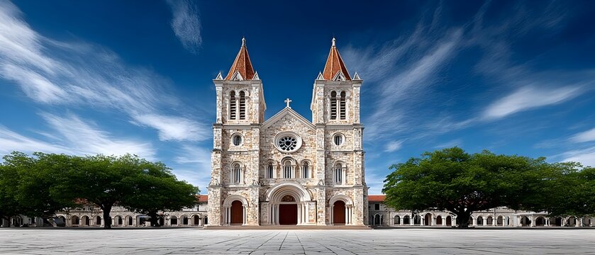 Majestic cathedral with twin towers under a clear blue sky - Powered by Adobe