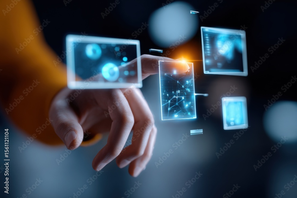 Poster Futuristic digital interface with holographic screens interacting with hand in high-tech environment and glowing data visualization elements