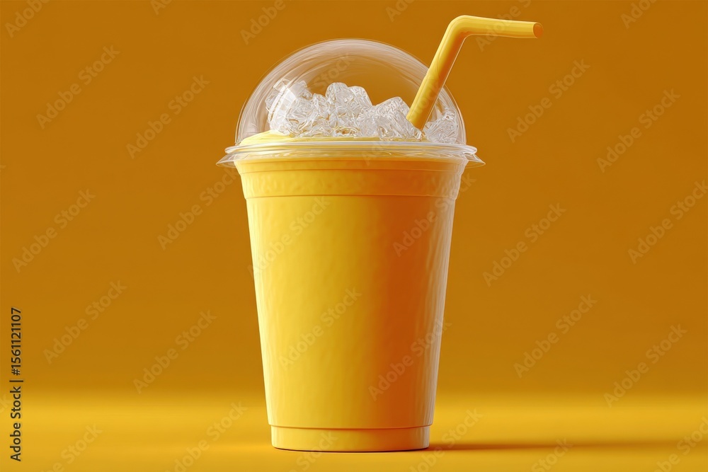 Poster refreshing cold yellow mango juice in a transparent cup with ice and a straw on a vibrant yellow bac