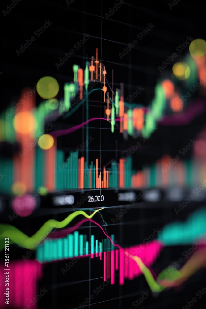 Poster advanced financial stock market chart with colorful graphs, candlestick patterns, and trend analysis