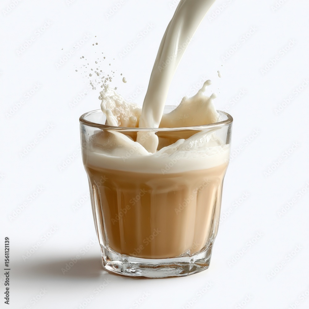Poster refreshing cold glass of creamy milk being poured into transparent glass with frothy top and smooth 