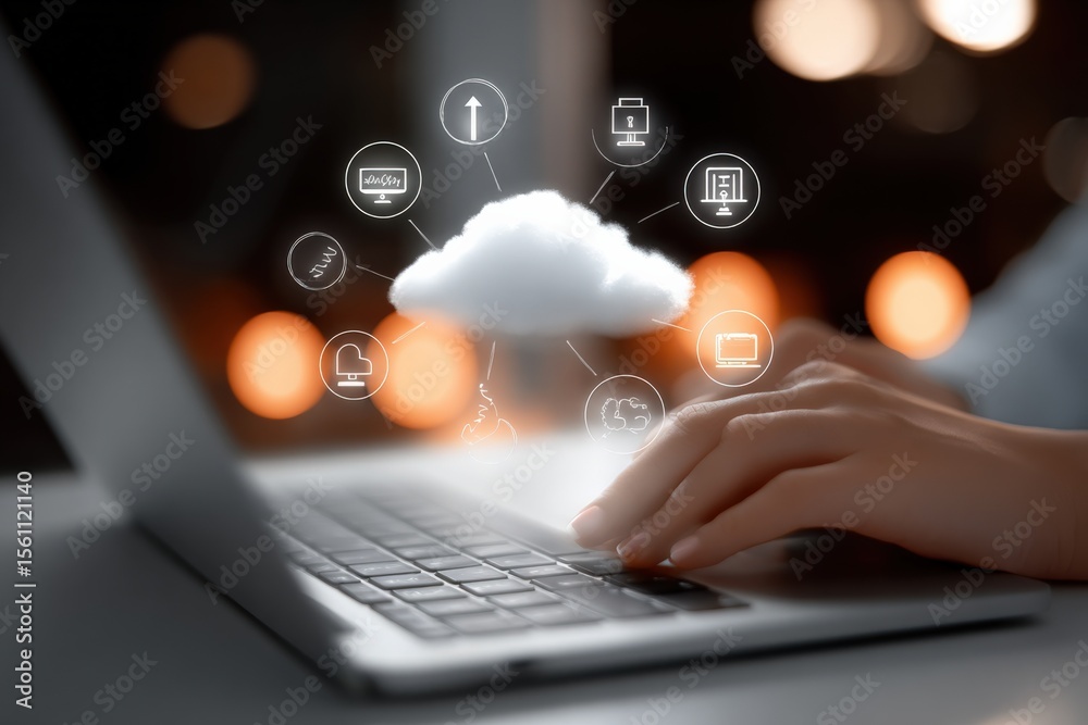 Poster Cloud computing technology concept with digital icons connecting to a laptop in a modern workspace environment illustrating data storage and internet connection