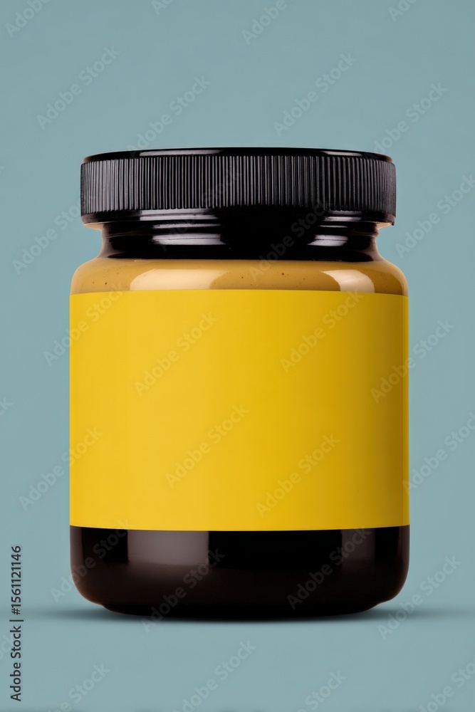 Poster minimalist yellow jar with black screw-on lid against solid teal background, empty container for cos