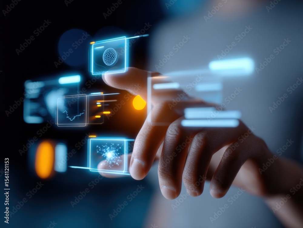 Aufkleber Futuristic Human Hand Interacting with High Tech Touchscreen Interface with Graphs Data and Digital Icons in a Sci Fi Environment
