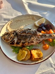 Fresh seafood fish dinner with vegetables and wine, local food in Albania