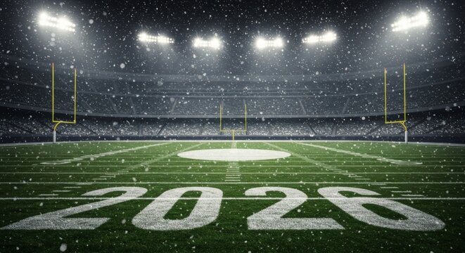 ootball Stadium with 2026 Marking in Snowfall