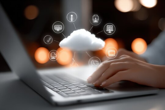 Cloud computing technology concept with digital icons connecting to a laptop in a modern workspace environment illustrating data storage and internet connection