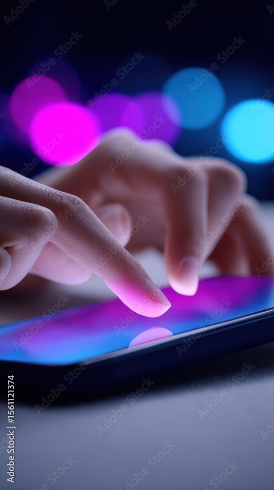 Aufkleber Close-up of a person's hand interacting with a modern touchscreen device with colorful bokeh lights in background at night