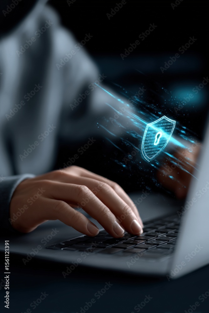 Aufkleber Digital cybersecurity concept with glowing shield hologram protecting data on laptop keyboard in modern technology security scene