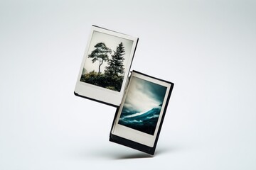 Fototapeta premium Two modern instant photo prints featu scenic nature landscape images with trees and ocean views on a white background