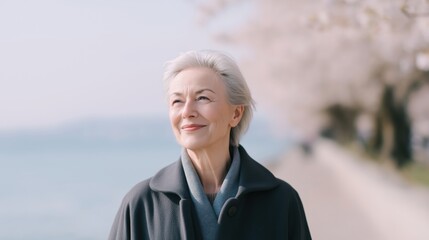 Fototapeta premium Woman enjoys a peaceful stroll by the waterfront under blooming cherry blossom trees during springtime.