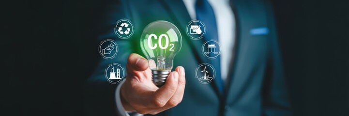 Hand holding a lightbulb displaying co2 emissions reduction concepts.