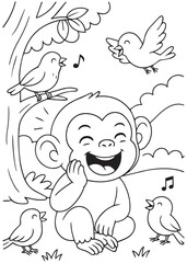 Coloring book page of a chimpanzee laughing with singing birds.