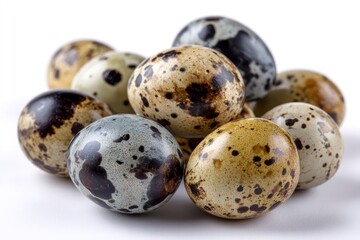 Fototapeta premium Quail eggs are clustered on a white surface showing speckled patterns and variations in color