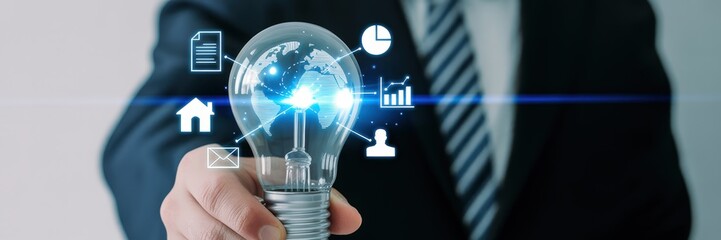 A lightbulb with global network icons superimposed.