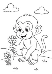 Coloring book page of a chimpanzee picking flowers.