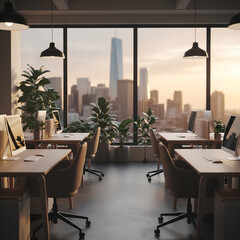 Blur background of office interior with large windows with city urban view, plants, and wooden desks at sunset. Modern workplace and urban greenery concept. Design for poster, wallpaper. Spate.