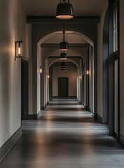 Obraz premium A long, elegant hallway with arched doorways and stylish lighting.