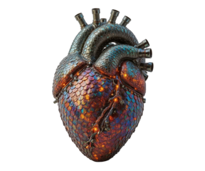 Intricate Mechanical Heart, A Detailed Study of Energy and Design with Metallic Scales and Rivets