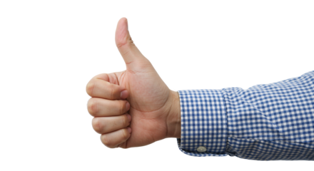 Photo of a hand gives a thumbs up gesture symbolizing approval and positivity isolated on white transparent background