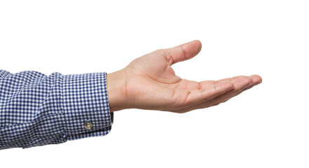 Photo of an outstretched hand with an open palm is presented against a stark white backdrop isolated on white transparent background