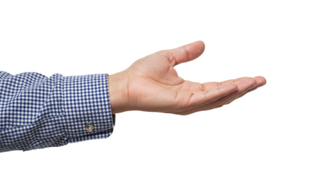 Photo of an outstretched hand with an open palm is presented against a stark white backdrop isolated on white transparent background