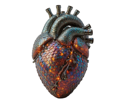 Intricate Mechanical Heart, A Detailed Study of Energy and Design with Metallic Scales and Rivets