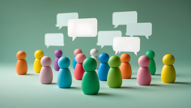 Colorful wooden peg dolls gather around, listening intently to a central figure, as blank speech bubbles float above, symbolizing communication and discussion.