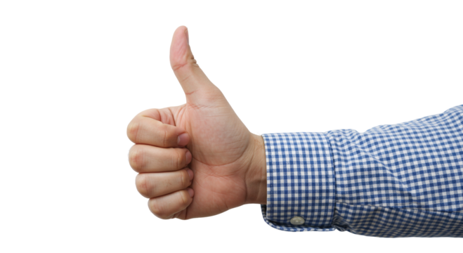 Photo of a hand gives a thumbs up gesture symbolizing approval and positivity isolated on white transparent background - Powered by Adobe