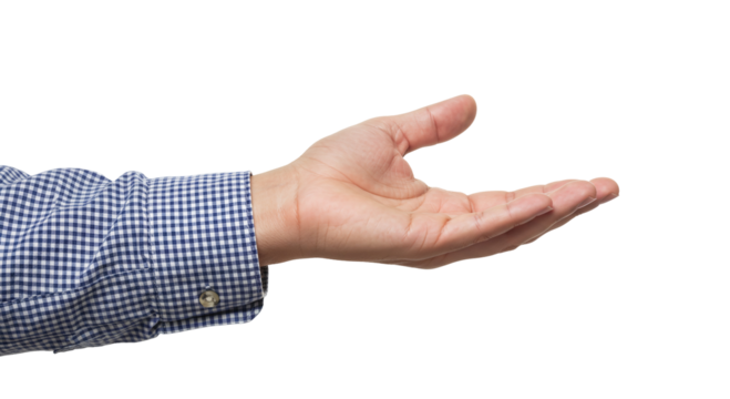 Photo of an outstretched hand with an open palm is presented against a stark white backdrop isolated on white transparent background