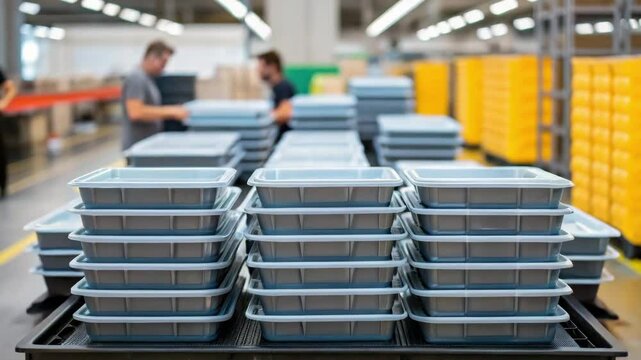 Plastic trays stack efficiently pharma production line factory manufacturing environment ensuring smooth workflow and organized industrial process