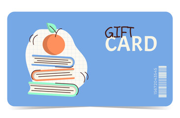 Flat gift card template with books and apple. Design for sales, loyalty programs, bonuses or presents. Vector illustration for any business or occasion