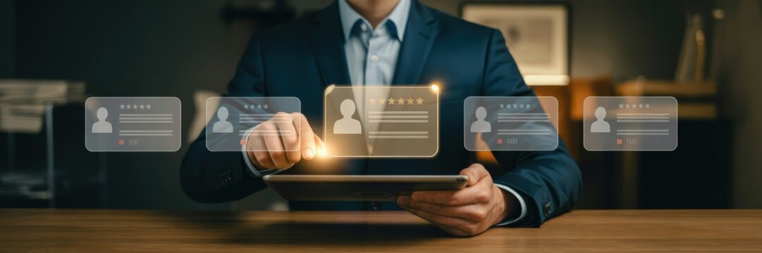 A person reviewing candidate profiles on a tablet. - Powered by Adobe