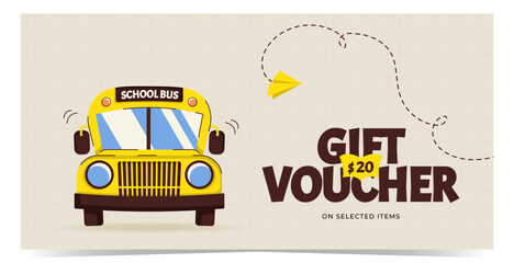 Modern gift voucher template with school bus, paper plane and dashed flight paths on squared paper. Design for promotions, discounts, rewards and marketing materials. Flat vector illustration