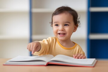 Happy Toddler Reading a Book at a Table