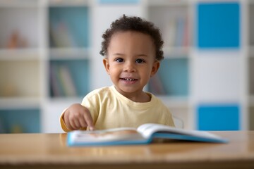 Adorable Toddler Reading a Book in a Classroom Setting