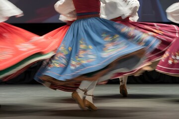 Colorful folk dancers in vibrant costumes, showcasing a dynamic performance.