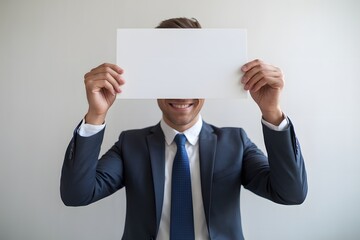 Businessman Hiding Face Behind Blank Sheet of Paper
