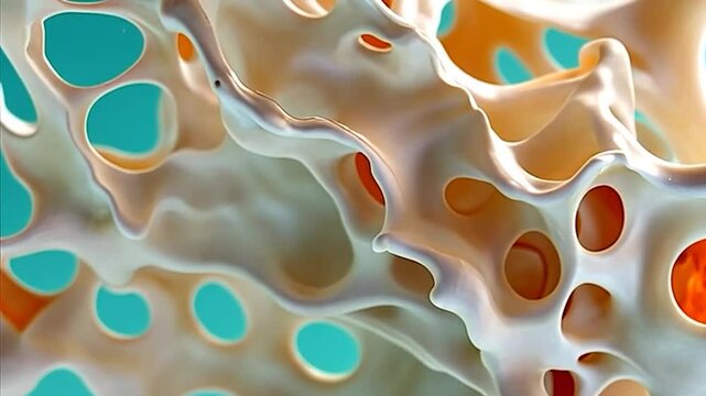Abstract rendering of porous bone structure against teal background showcasing intricate organic patterns and textures with highlights and shadows