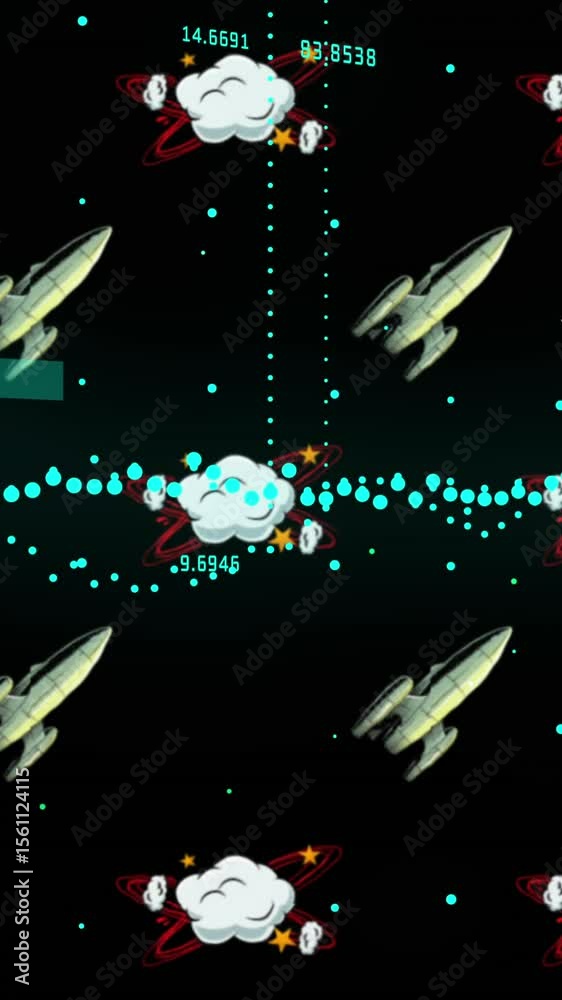 Poster animation of graph and data processing over rocket ships and clouds on black background