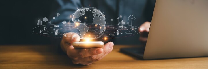 Person using a smartphone with a holographic global network projection.