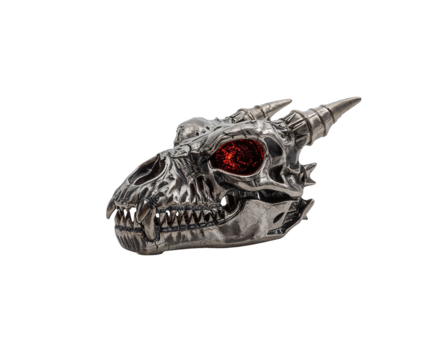 Intricately Designed Metal Dragon Skull Sculpture with Fiery Red Eyes, Showcase of Highly Detailed Craftsmanship and Lucid Realism in Metal Art
