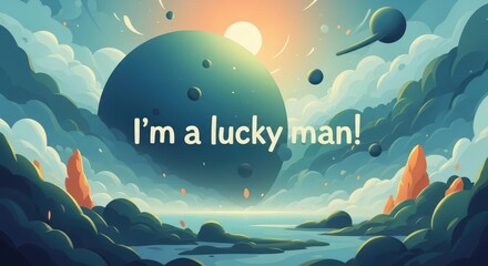Digital artwork with the text I'm a lucky man over a surreal dreamy landscape featuring clouds, planets, and water for fantasy concept.