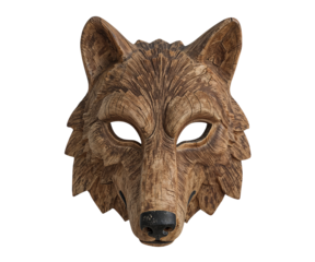 Intricately Carved Wooden Wolf Head Displaying Remarkable Detail and Texture Against a Dark field for a striking contrast