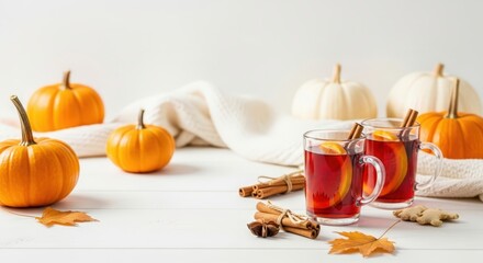 Two glass mugs of mulled wine on white wood surface with pumpkins and autumn leaves. Holiday drink for Thanksgiving and Christmas.