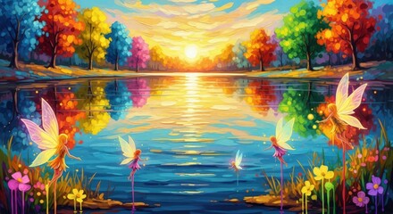 Woman as a fairy with bright wings by a colorful lake at sunset. Magical forest landscape vibrant fantasy world illustration.