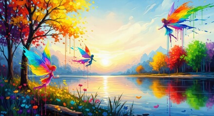 Fairies with rainbow wings flying around a vibrant autumn landscape with colorful trees and a lake during sunset. Fantasy nature.