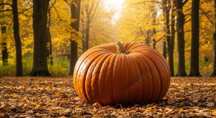Large orange pumpkin lying on fallen autumn leaves in a sunlit forest. Seasonal harvest display for Thanksgiving, Halloween, and autumn decor.