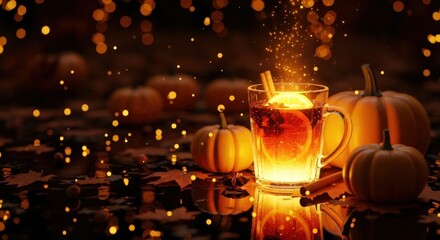Warm glow from a festive mug with spices and orange slices, surrounded by small pumpkins and autumn leaves, bokeh lights. Holiday season, Thanksgiving concept.