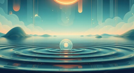Clear spherical object on water surface creating ripples. Abstract nature landscape with futuristic elements and organic forms. Minimalist design for meditation.